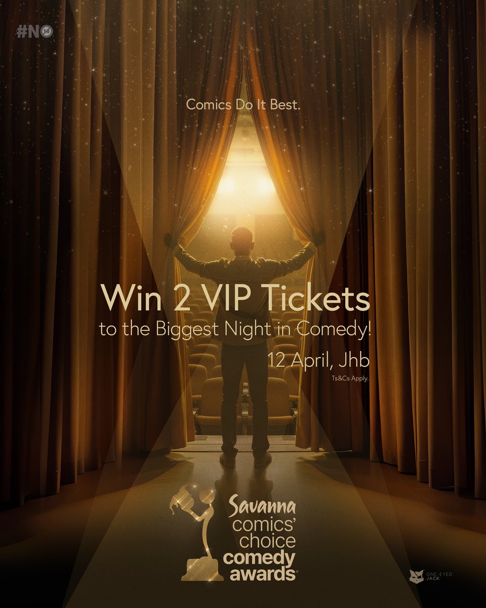 One-eyed Jack (@oneeyedjacksa) on Twitter photo We're giving away 2x VIP tickets to the Savanna Comics' Choice Comedy Awards!
Want in? Here’s how to win:
Follow <a href="/oneeyedjacksa/">One-eyed Jack</a> and <a href="/Comics_Choice/">Comics' Choice Comedy Awards®</a>Â
Tag your partner in comedy (1 tag = 1 entry. Go wild.)
Winners announced 11 April 2025. No jokes.
#SavannaCCCA We're giving away 2x VIP tickets to the Savanna Comics' Choice Comedy Awards!
Want in? Here’s how to win:
Follow <a href="/oneeyedjacksa/">One-eyed Jack</a> and <a href="/Comics_Choice/">Comics' Choice Comedy Awards®</a>Â
Tag your partner in comedy (1 tag = 1 entry. Go wild.)
Winners announced 11 April 2025. No jokes.
#SavannaCCCA