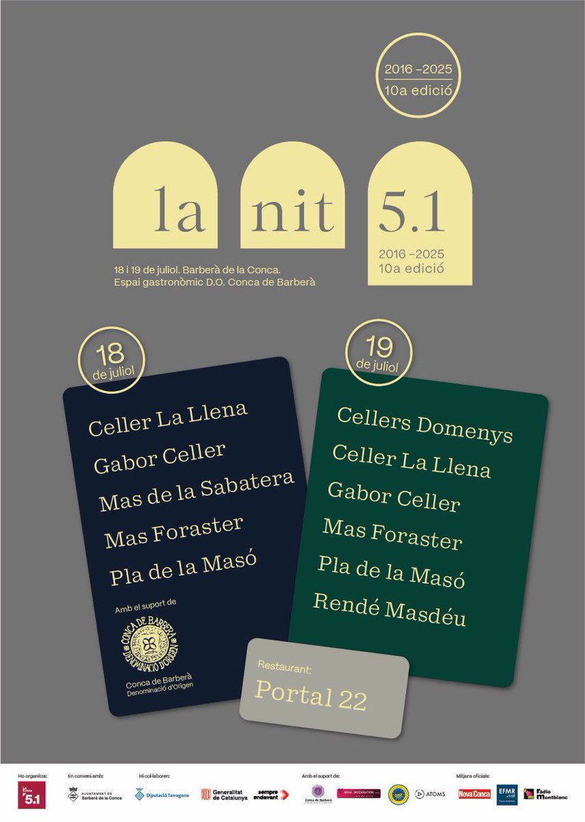 La Conca 5.1 (@laconca51) on Twitter photo LA NIT 5.1 2025 - 10 anys
18 i 19 de juliol
Amb <a href="/Modgi/">Magí</a> <a href="/ignasitf/">Ignasi Taltavull</a> <a href="/MishimaBCN/">MISHIMA</a> <a href="/remeifresca/">Remei de Ca la Fresca</a> <a href="/IreneFrancoli/">Irene Francolí</a> <a href="/gorkaurbizubat/">Gorka Urbizu musika</a> <a href="/bethrodergas/">Beth Rodergas</a> <a href="/svetlanamarrana/">svetlana</a> i més!
Informació i venda d’entrades aquí:
ticketic.org/ca/entrades/la…
Actes paral•lels gratuïts el 16 de juliol i el 16 d’agost LA NIT 5.1 2025 - 10 anys
18 i 19 de juliol
Amb <a href="/Modgi/">Magí</a> <a href="/ignasitf/">Ignasi Taltavull</a> <a href="/MishimaBCN/">MISHIMA</a> <a href="/remeifresca/">Remei de Ca la Fresca</a> <a href="/IreneFrancoli/">Irene Francolí</a> <a href="/gorkaurbizubat/">Gorka Urbizu musika</a> <a href="/bethrodergas/">Beth Rodergas</a> <a href="/svetlanamarrana/">svetlana</a> i més!
Informació i venda d’entrades aquí:
ticketic.org/ca/entrades/la…
Actes paral•lels gratuïts el 16 de juliol i el 16 d’agost