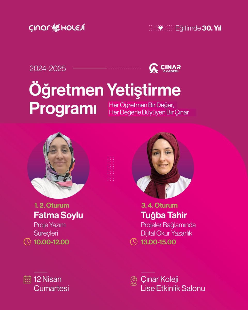 cinarkoleji's tweet photo. Öğretmen Yetiştirme Programı (ÖYP) kapsamında, siz değerli öğretmen adaylarını 12 Nisan’da aramızda görmekten büyük heyecan duyuyoruz.

Çınar Koleji’nin yenilikçi eğitim anlayışını keşfedecek, alanında uzman eğitimcilerle bir araya gelecek ve fırsatı bulacaksınız. https://t.co/ooGA3CBZL6