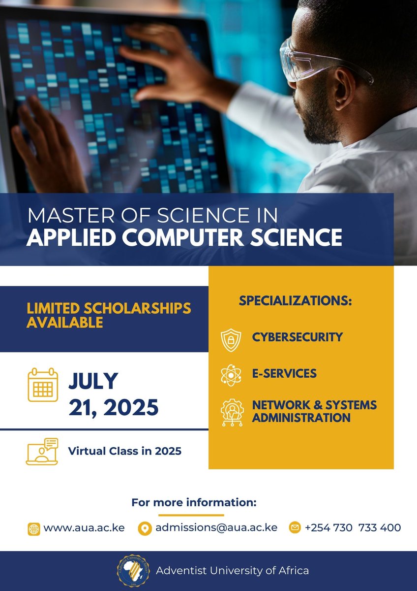 auauniversity's tweet image. 💻 Know a tech enthusiast? Share our Master of Science in Applied Computer Science program with them to advance their skills in an ever-evolving field! 🌟

Apply now! aua.ac.ke/master-of-scie…

#AppliedComputerScience #TechEducation #Admissions #AdventistUniversityofAfrica