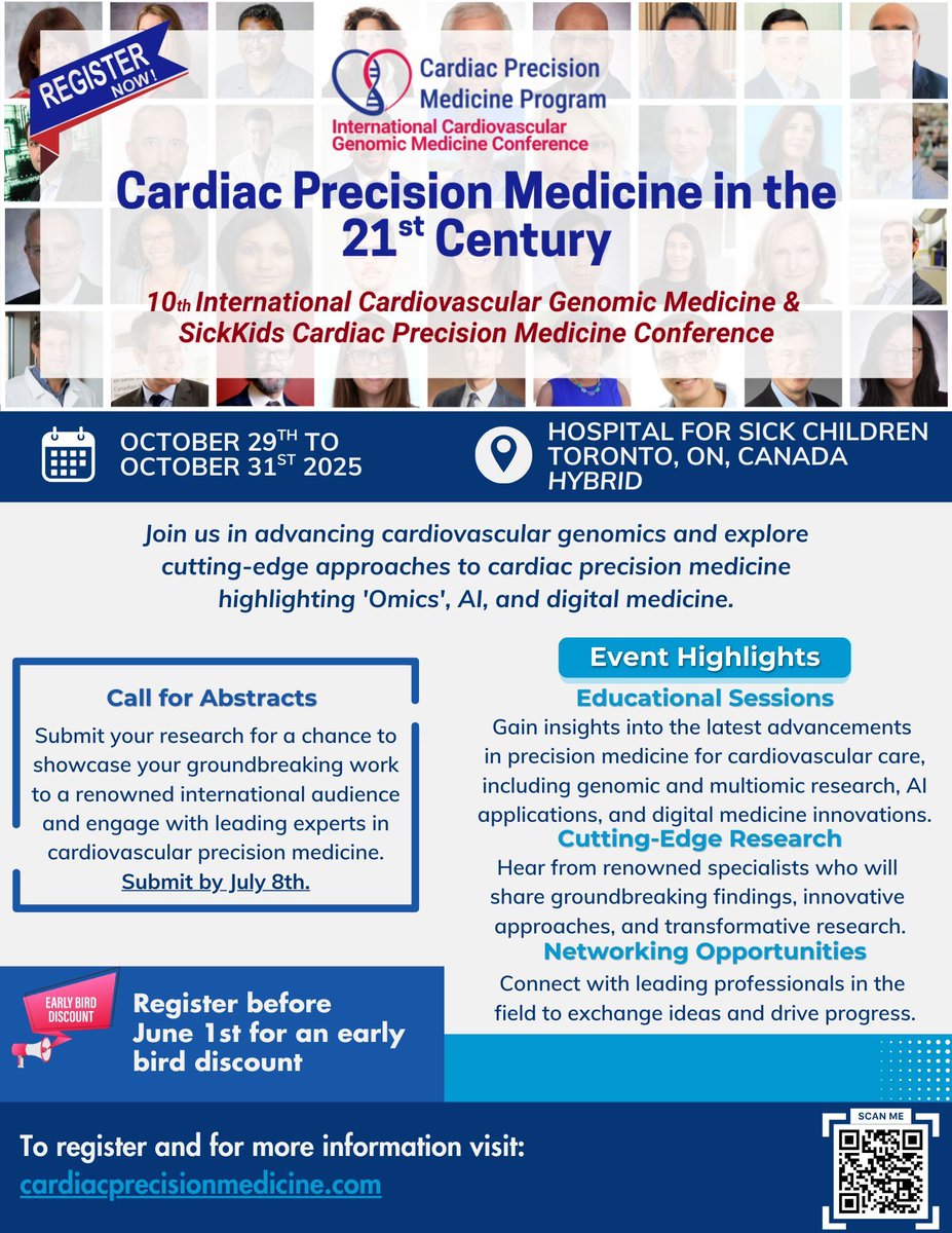 Joins us at the International Cardiovascular Genomic Medicine &amp; SickKids Cardiac Precision Medicine Conference on October 29-31, 2025 Peter Gilgan Centre for Research and Learning | Hospital for Sick Children Toronto, ON, Canada. Check our the program here genomicmedicine.org/wp-content/upl…