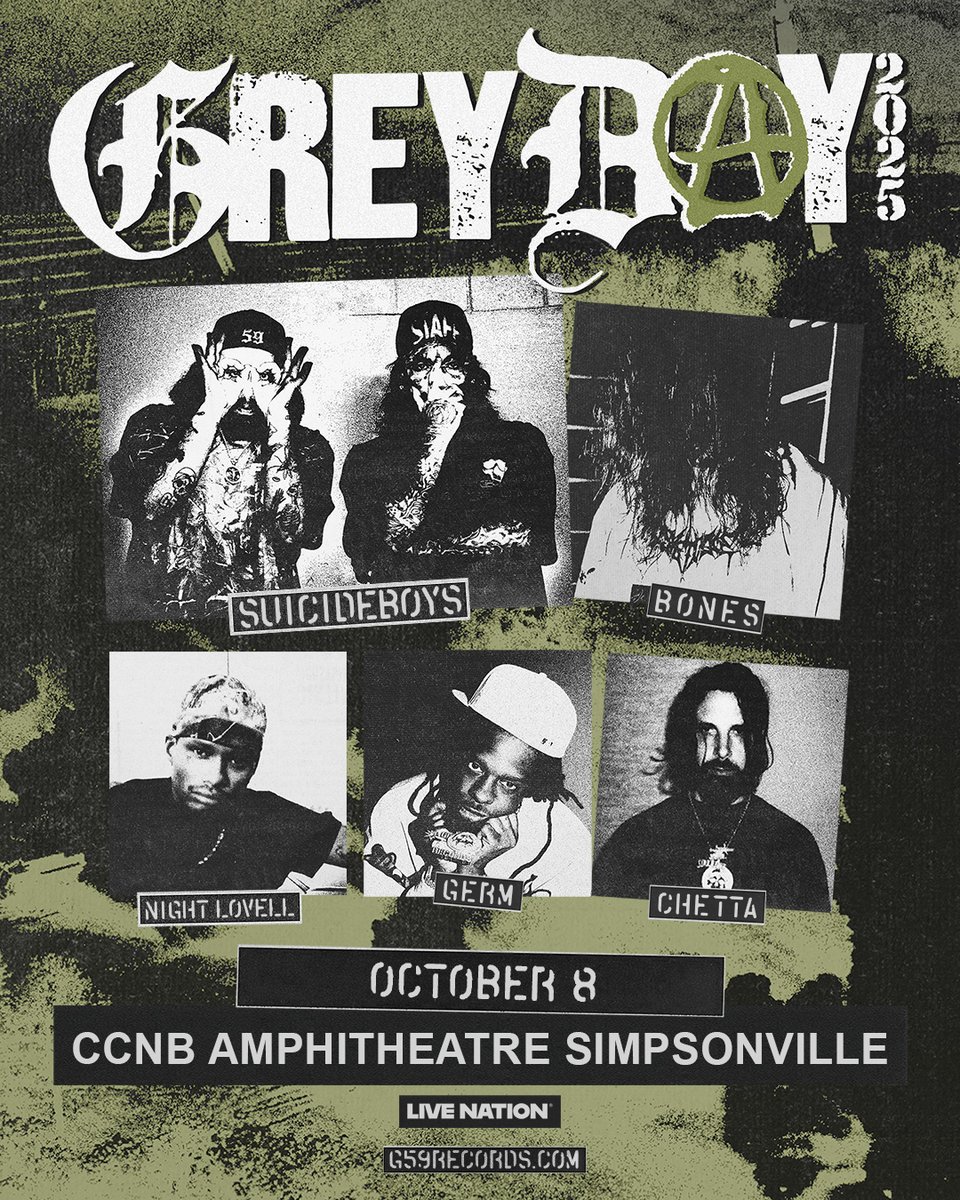 GREY DAY 2025 IS HERE! Grab your tickets now and get ready to experience @Suicideboys @teamsesh @NightLovell @Germjeezus &amp; <a href="/J_Chetta/">CHETTA</a> at <a href="/CCNBAmp/">CCNB Amphitheatre at Heritage Park</a> #Simpsonville on 10/8! See you soon! 
🎟️  bit.ly/SuicideBoysSVL…