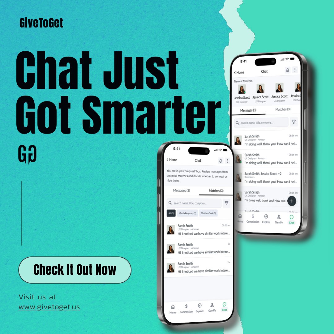 _GiveToGet_'s tweet photo. 💬 Chat just got smarter on GiveToGet!

Connect with your matches—or those who’ve already liked you—with our Request Box. Like back to chat, or ignore and move on. You’re in control.

📲 Try it now: See link in bio

#GiveToGet #ChatFeature #CareerConnections https://t.co/IJ6n4Gj0cH