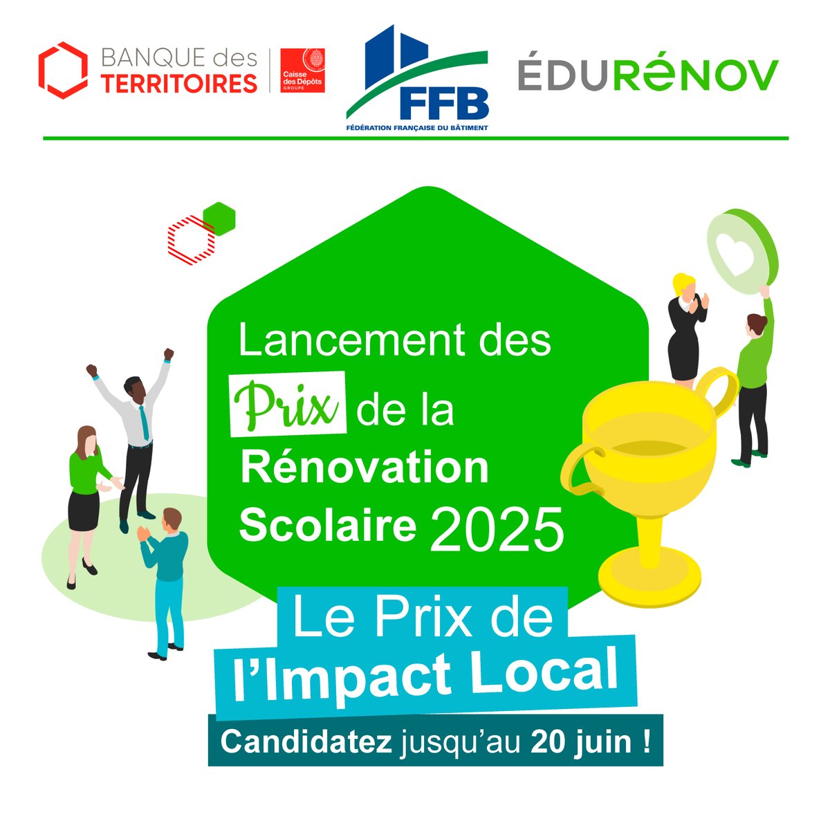 🏫🔧 Votre projet de #rénovation scolaire mérite d’être récompensé !

La FFB, avec EduRénov et ses partenaires, lance les Prix de la Rénovation Scolaire. 5 prix, de la visibilité et des trophées à gagner !

📅 Candidatez avant le 20 juin 2025 !
🔗 pulse.ly/rr3r5pfrxp