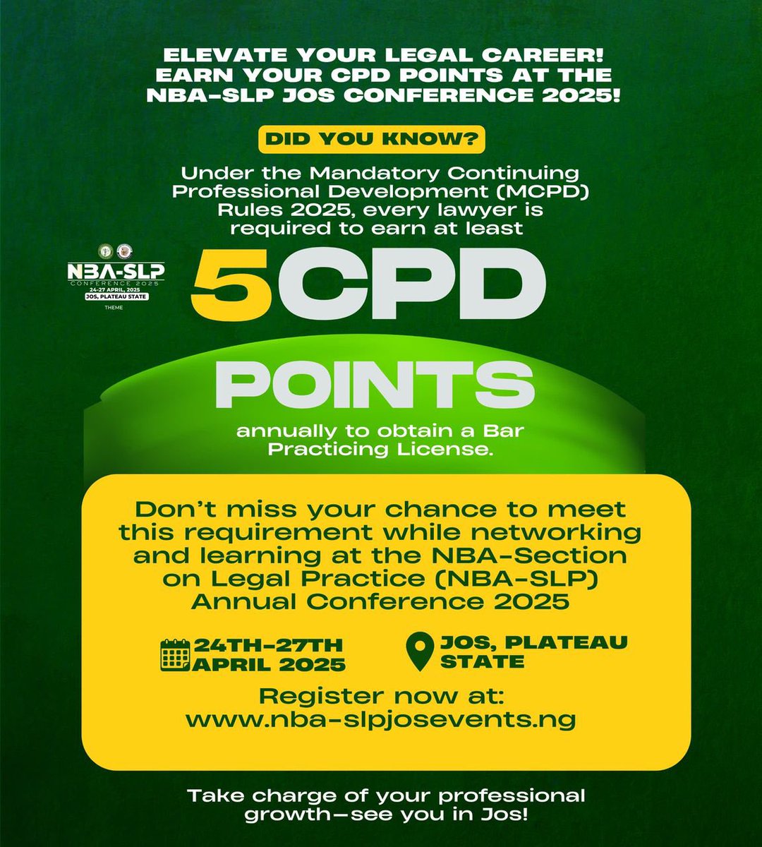 nba_slp's tweet photo. Boost your legal career at the NBA-SLP Jos Conference 2025!
Earn 2 CPD points toward your mandatory 5!

register now: https://t.co/TCXSITtqOL

#NBASLP2025 #JosConference #CPDPoints #LegalProfession https://t.co/romNALKo9B