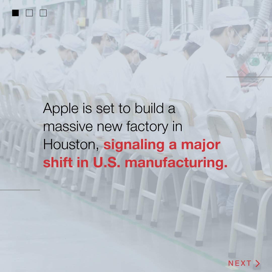 NAIBergman's tweet image. Apple's $500B Houston factory is a game-changer for U.S. manufacturing and commercial real estate. As demand for industrial and tech spaces surges, local brokers should watch for market shifts. 📈🏗️

#CRE #CREInsights

Learn more: bisnow.com/national/news/…