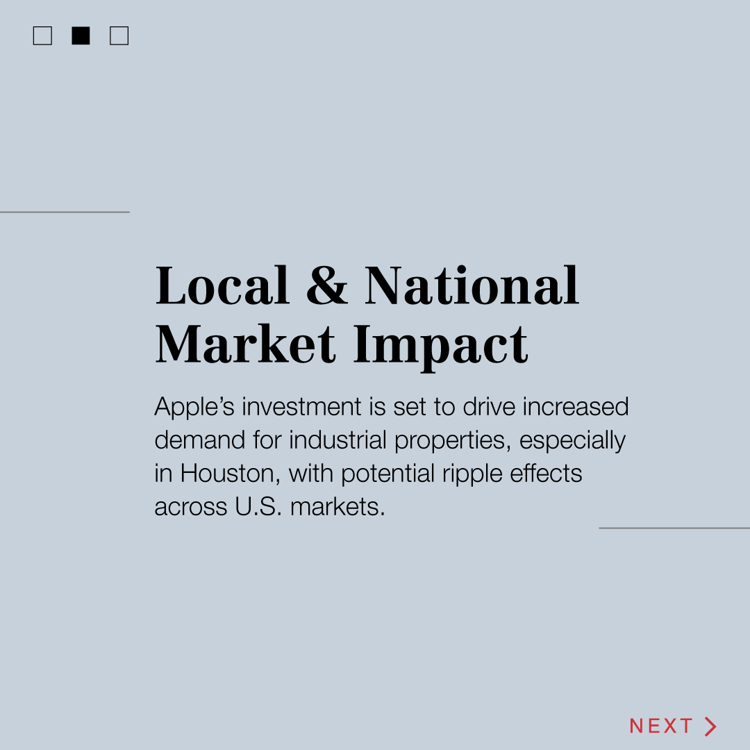 NAIBergman's tweet image. Apple's $500B Houston factory is a game-changer for U.S. manufacturing and commercial real estate. As demand for industrial and tech spaces surges, local brokers should watch for market shifts. 📈🏗️

#CRE #CREInsights

Learn more: bisnow.com/national/news/…