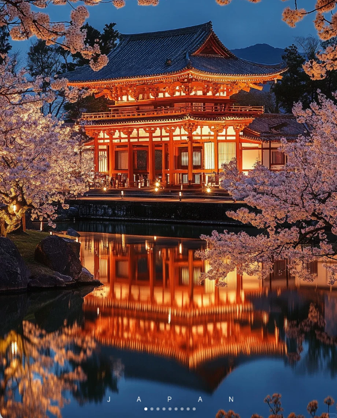 きらめく湖に夜桜が映っています🌸