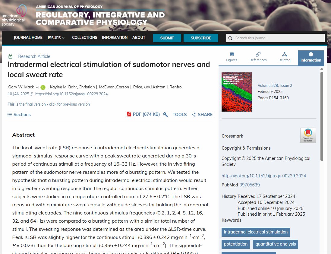 AJPRegu's tweet photo. 📃New research! Variable neuron discharge boosts sweat response speed and lowers stimulus intensity needed for activation!
🔗https://t.co/035yB0MZfP
#IntradermalElectricalStimulation #QuantitativeAnalysis #StimulusResponseCurves https://t.co/ifV6A2D4Ok