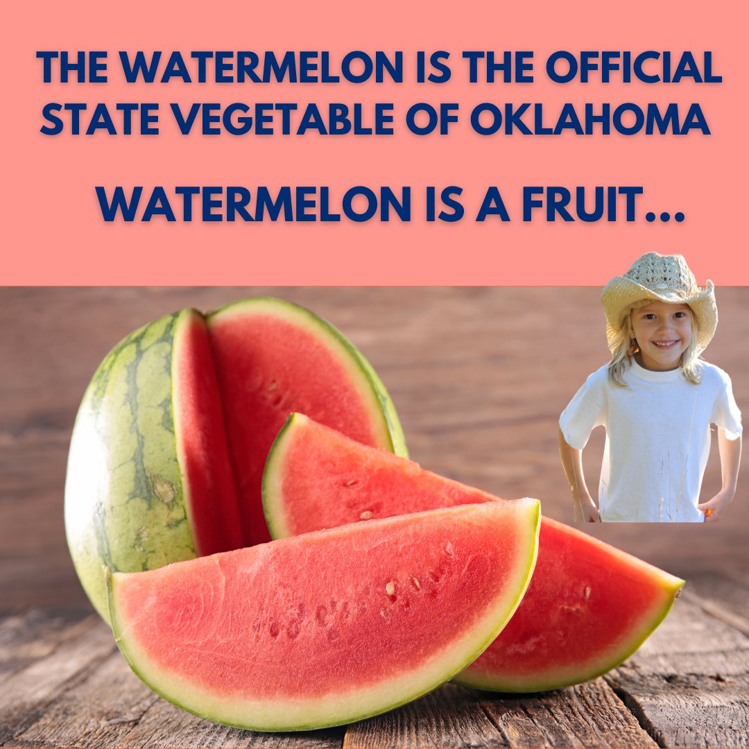 TexasSpaces's tweet photo. Oklahoma made watermelon its official vegetable... but itโs a fruit. Weโre just gonna let that one sink in. ๐๐ค
#FunFactFriday #StateTrivia #OklahomaOddities #Texas #TX #LoneStarState https://t.co/x42NUlqtVY