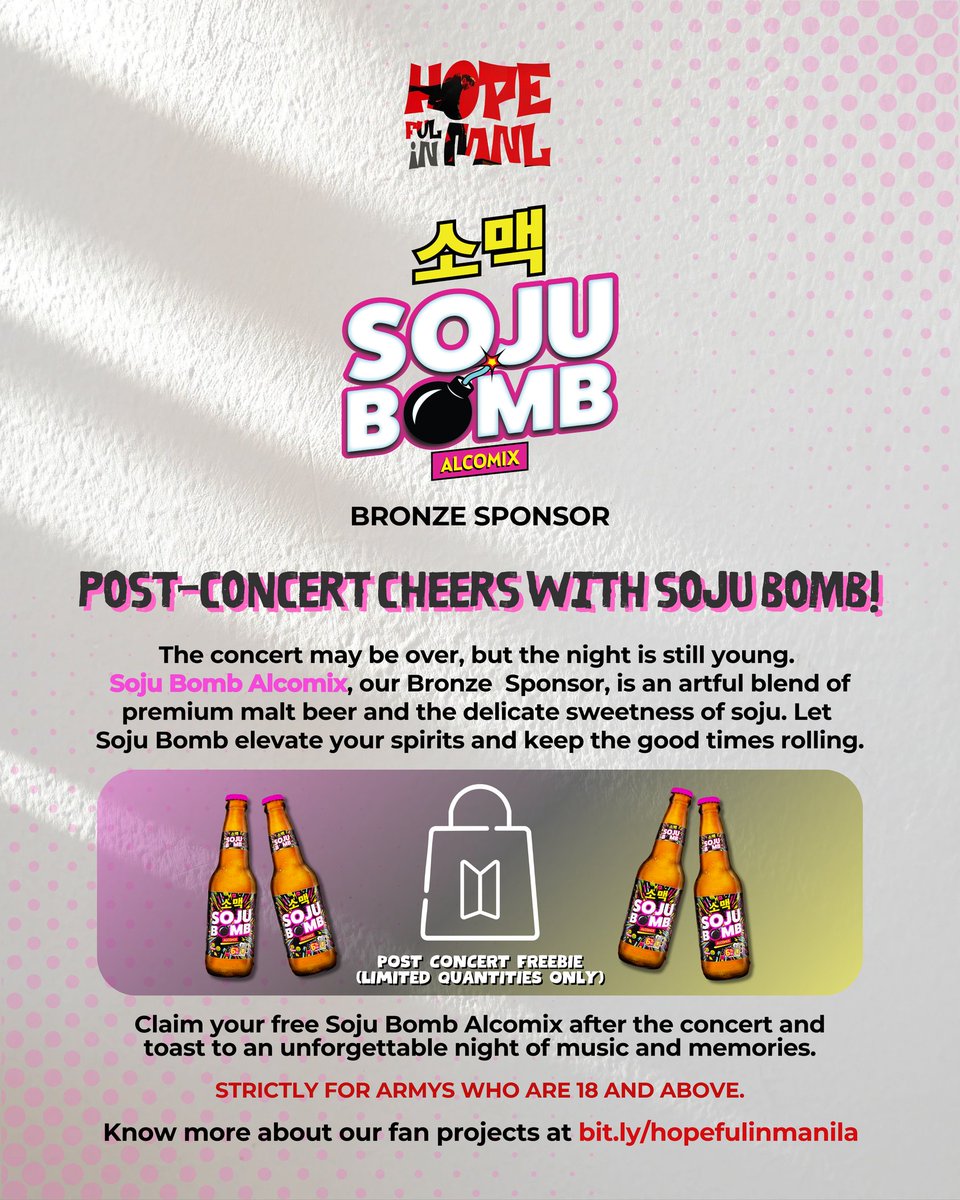 btsaph_130613's tweet photo. “Turn Up the Hope, Pop the Bomb!”
Just like Hobi lights up the stage, Soju Bomb Alco Mix is here to light up your night! 💣

We’re thrilled to welcome them as our Bronze Sponsor—and yes, we’re giving away FREE bottles post-concert to ARMYs 18+ only!

#SojuBombAlcoMix https://t.co/toZ1KwOtyU