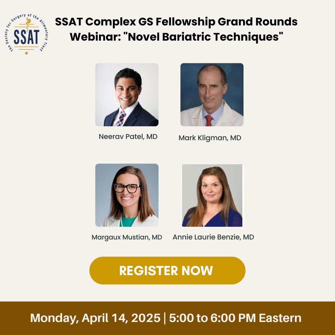 SSAT (@ssatnews) on Twitter photo Join us April 14 at 5 PM ET for SSAT’s Virtual Grand Rounds hosted by <a href="/UMMC/">University of Maryland Medical Center</a>! Dr. Neerav Patel presents “Novel Bariatric Techniques” with Drs. Kligman, Mustian & Benzie. Register Now - ow.ly/XIpL50VwuWo
<a href="/blondescalpel/">Annie Laurie Benzie, MD</a> <a href="/JeyarajahRohan/">Rohan Jeyarajah</a> <a href="/ImranHassanMD1/">Imran Hassan MD</a> <a href="/margauxnmustian/">Margaux Mustian</a> Join us April 14 at 5 PM ET for SSAT’s Virtual Grand Rounds hosted by <a href="/UMMC/">University of Maryland Medical Center</a>! Dr. Neerav Patel presents “Novel Bariatric Techniques” with Drs. Kligman, Mustian & Benzie. Register Now - ow.ly/XIpL50VwuWo
<a href="/blondescalpel/">Annie Laurie Benzie, MD</a> <a href="/JeyarajahRohan/">Rohan Jeyarajah</a> <a href="/ImranHassanMD1/">Imran Hassan MD</a> <a href="/margauxnmustian/">Margaux Mustian</a>
