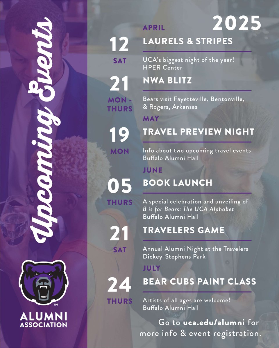 Mark your calendars for our exciting upcoming Spring &amp; Summer events! Stay connected, reminisce, and make new memories with fellow alumni and friends.💜 You can find the full list of events at uca.edu/alumni