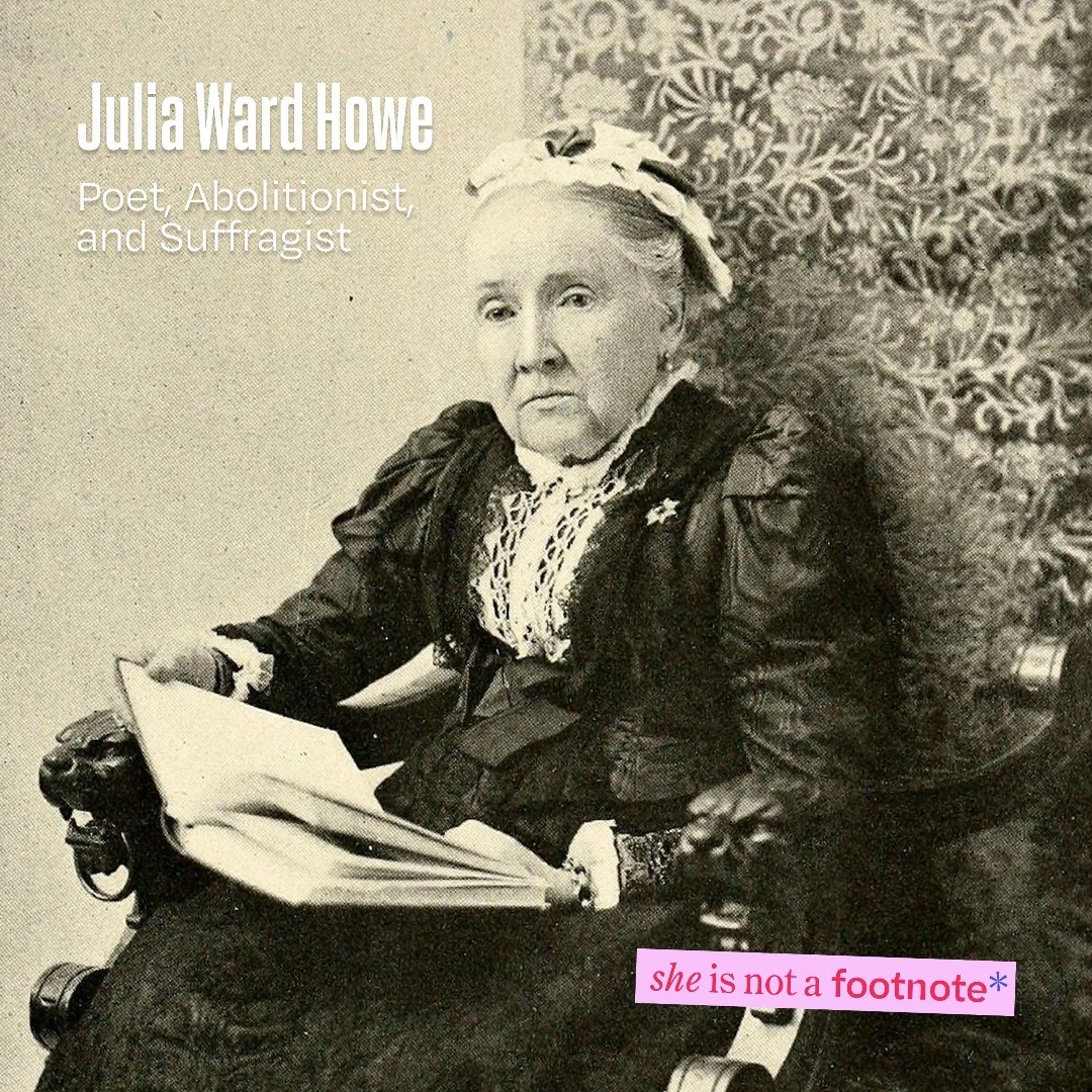 womenshistory's tweet photo. Poet, lecturer, abolitionist, & suffragist #JuliaWardHowe not only authored the Civil War anthem “Battle Hymn of the Republic,” but she also co-founded the American Woman Suffrage Association. Learn more about Howe: https://t.co/Cfe5QB18yS #SheIsNotAFootnote #NationalPoetryMonth https://t.co/yXOq8483lv