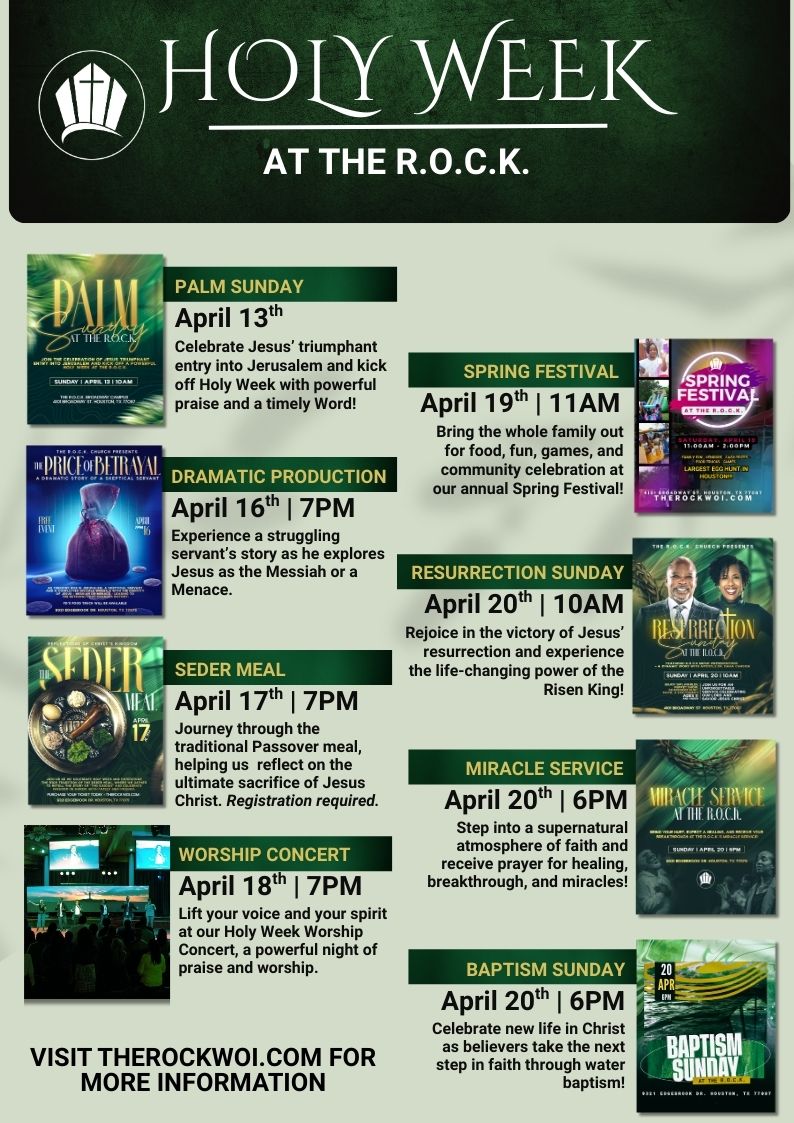 THEROCKWOI's tweet photo. 🌿 HOLY WEEK AT THE R.O.C.K. 🌿

Join us for a powerful week of worship, reflection, and celebration as we walk with Christ from the cross to the resurrection! 

#HolyWeekAtTheROCK #TheROCKChurch #HeIsRisen #ResurrectionPower #FamilyFaithFun #HoustonEvents https://t.co/qjvIvNjvqp