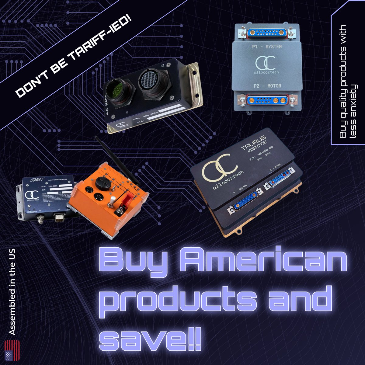 allocortech's tweet photo. When US companies buy from allocortech, they don’t need to worry about paying extra for tariffs. Our motor controllers, power distribution hubs, e-stop systems, etc. are assembled in the US. The highest cost portions of our products, the printed circuit boards (PCBs), are made in the US. We also machine our hardware locally.

We have positioned ourselves to provide high quality products to US customers without having to raise prices amid tariff uncertainty. 

Buy quality products with less anxiety. Buy from allocortech! sales@allocor.tech