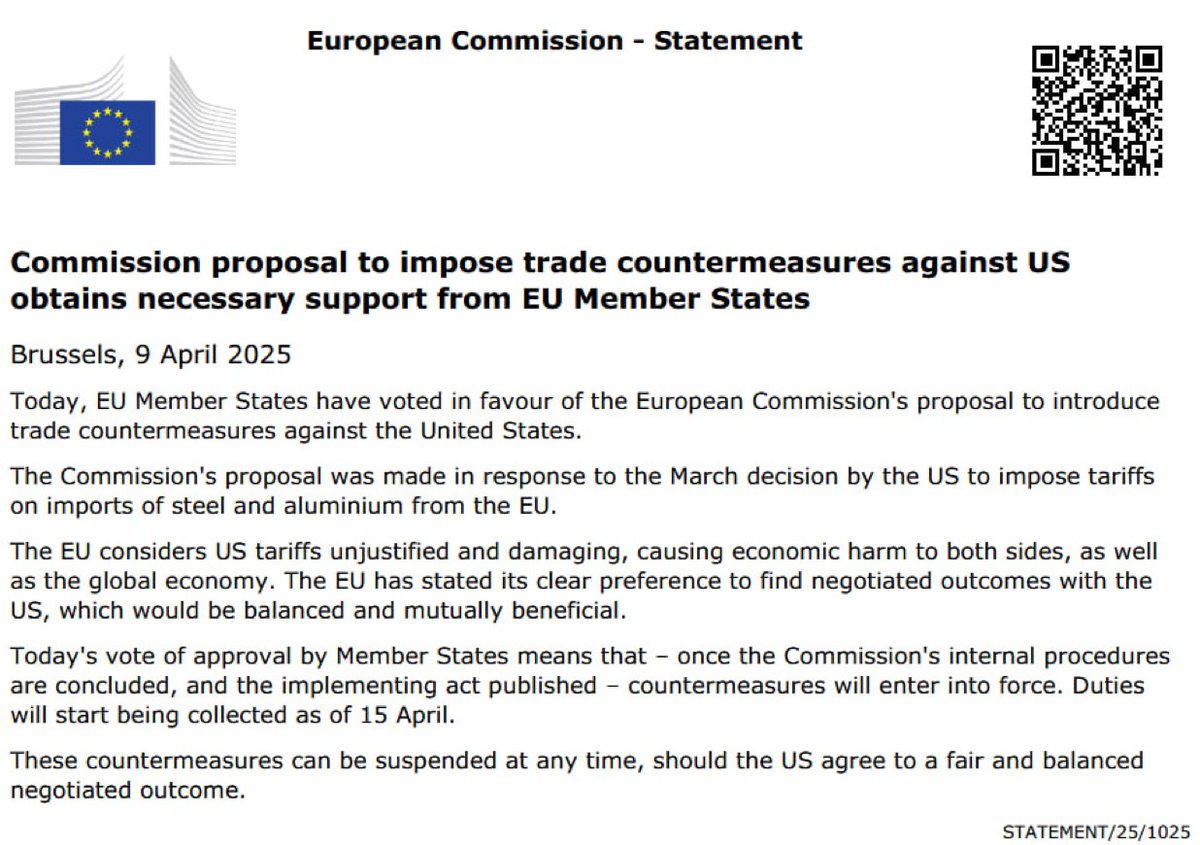 imcryptofreak's tweet photo. ⚡️ JUST IN: EU APPROVES UP TO 25% RETALIATORY TARIFFS ON €21 BILLION OF US GOODS. https://t.co/baFHWItaTx