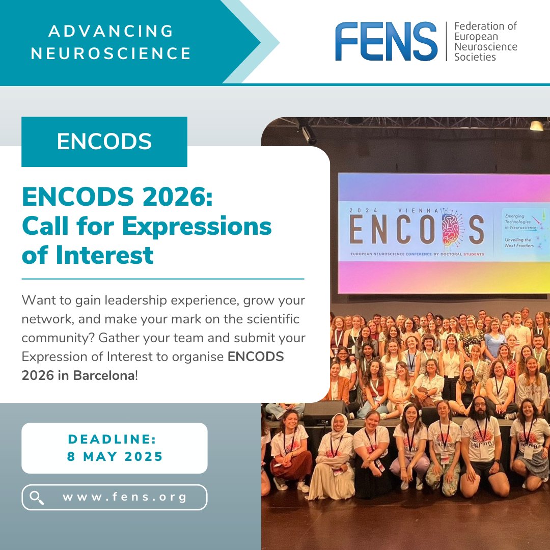 FENS (@fensorg) on Twitter photo ๐จ Calling all #neuroscience PhD students! 
Want to level up your skills beyond the lab? Help organise #ENCODS2026 in #Barcelona, a satellite event of the 2026 #FENSForum! ๐ง 
๐๏ธ Deadline: 8 May 2025
๐ loom.ly/2Nt1dN0
๐ This is your chance to gain experience in ๐จ Calling all #neuroscience PhD students! 
Want to level up your skills beyond the lab? Help organise #ENCODS2026 in #Barcelona, a satellite event of the 2026 #FENSForum! ๐ง 
๐๏ธ Deadline: 8 May 2025
๐ loom.ly/2Nt1dN0
๐ This is your chance to gain experience in