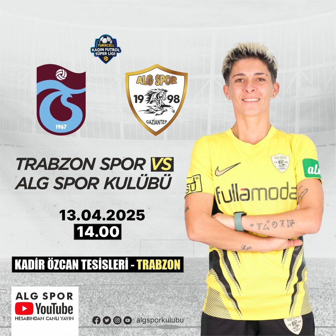 Kulübümüz Turkcell Kadın Futbol Süper Ligi 2024-2025 sezonunun 23. haftasında Trabzon Spor ile karşı karşıya gelecek.

Karşılaşma 13 Nisan Pazar günü saat 14:00’da Trabzon “Kadir Özcan Tesisleri’nde” gerçekleşecek.
Tüm taraftarımızı bekliyoruz.

#kadınfutbolu #football