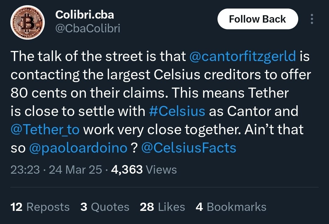 CelsiusFacts's tweet image. 🤯🤑 I thought this was made up, but I just had another highroller creditor confirm #Cantor is indeed offering to purchase #CelsiusNetwork claims.
CantorFritzgerald is the custodian of @Tether_to securities. This likely means tether already knows the outcome of Celsius lawsuit!