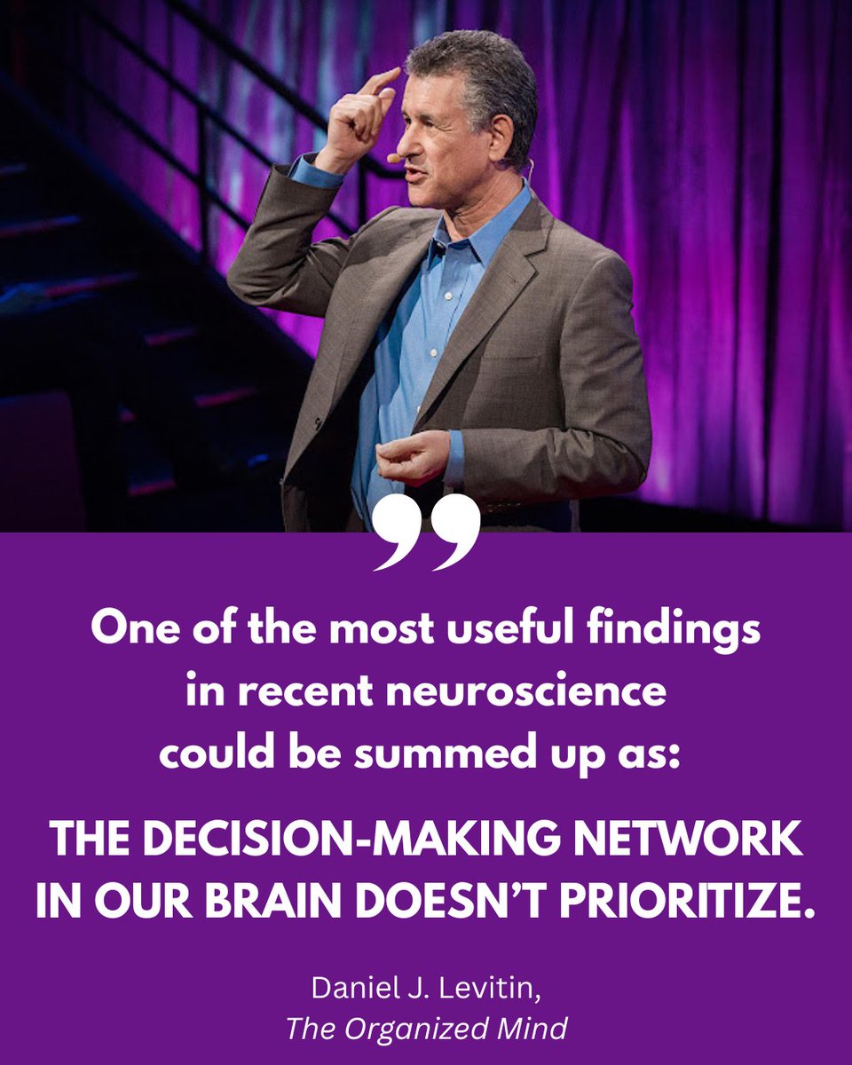 Make big decisions early in the day. Why? Because our brains are configured to make a certain number of decisions per day, and once we reach that limit, we can’t make any more, regardless of how important they are. #TheOrganizedMind #productivity #decisionmaking #neuroscience