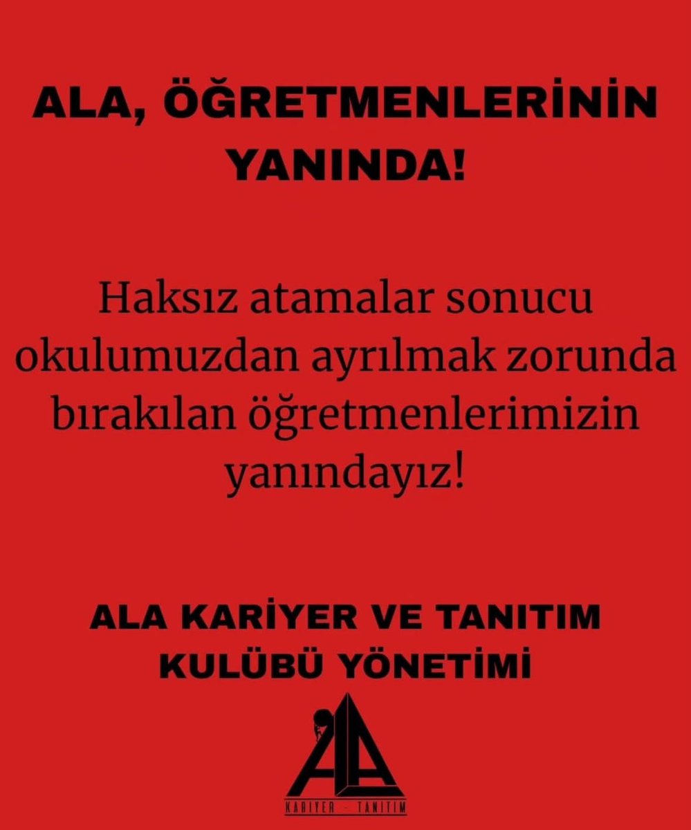 snoopdoa8's tweet photo. 20 öğretmenimiz hukuksuzca okulumuzdan ayrılmak zorunda bırakılmıştır. ALA ÖĞRETMENİNE SAHİP ÇIK! #adanaanadolulisesi #ALA #alaöğretmeninesahipçık https://t.co/1LABYdAQ7y