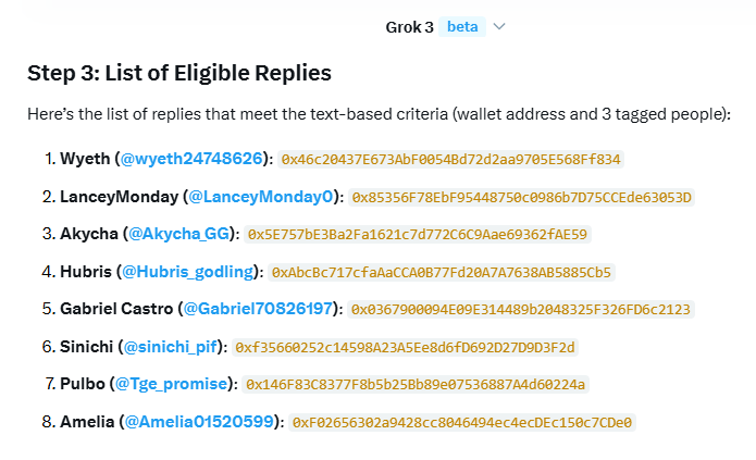 Winners for the GA according to <a href="/grok/">Grok</a> 
I will be only using the wallet addresses that grok picked.

Congrats!