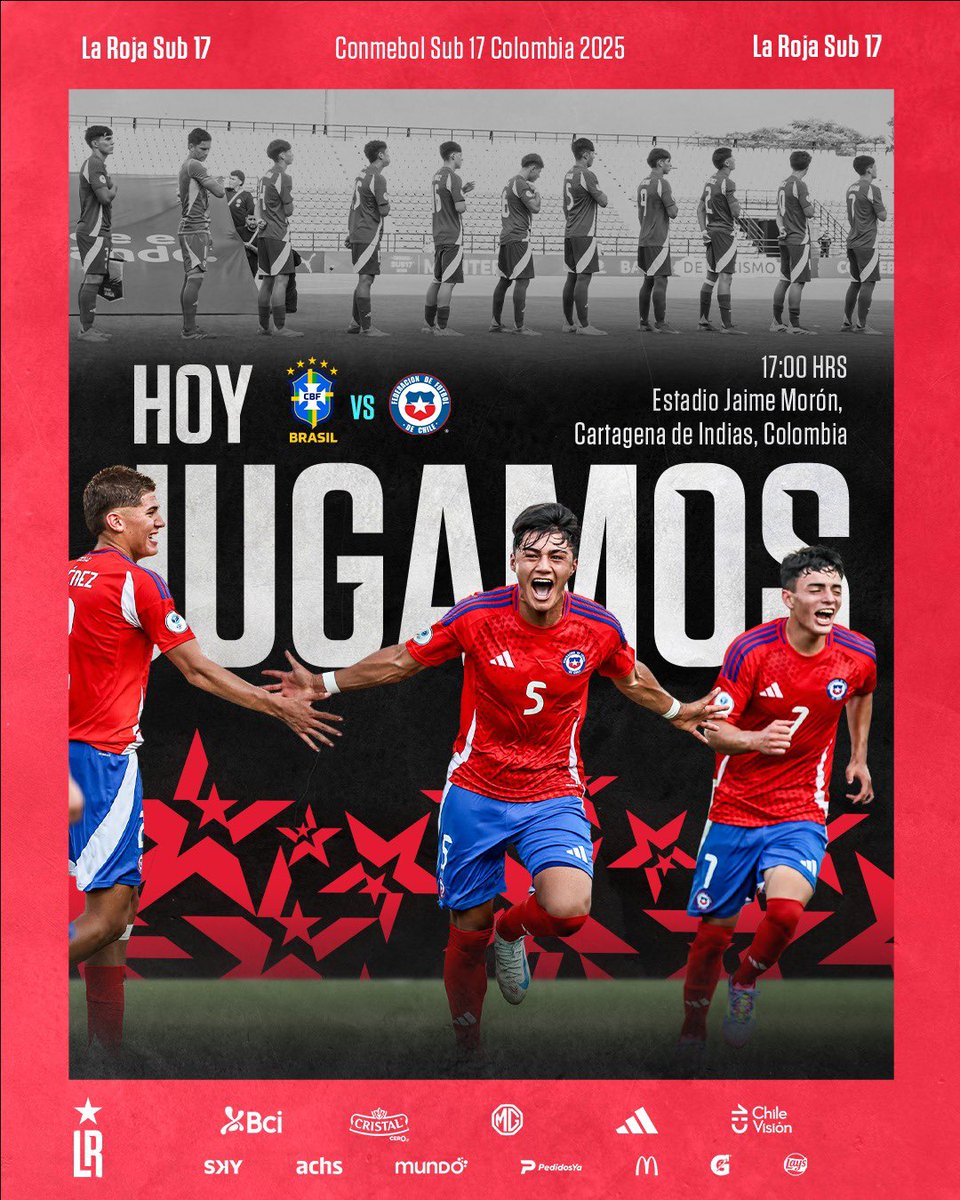 LaRoja's tweet photo. ¡#LaRoja 🇨🇱 Sub-17 y el desafío de las SEMIFINALES del CONMEBOL Sudamericano! ✍🏼🌎

La Selección Chilena Sub-17 enfrentará hoy a Brasil en Cartagena de Indias, buscando un boleto para la gran final del máximo torneo continental, tras su clasificación a la Copa del Mundo de la FIFA Sub-17 Qatar 2025⚔️⚽️

🆚 Brasil - Semifinales
⏰ 17:00 horas (Hora Chilena)
🏟️ Estadio Jaime Morón de Cartagena de Indias, Colombia
🖥️ Transmiten TVN y Dsports

¡A LUCHAR POR NUESTRO SUEÑO, CHILE! 🆑💪

#SiempreConLaRoja
#SomosLaRoja
#Chile