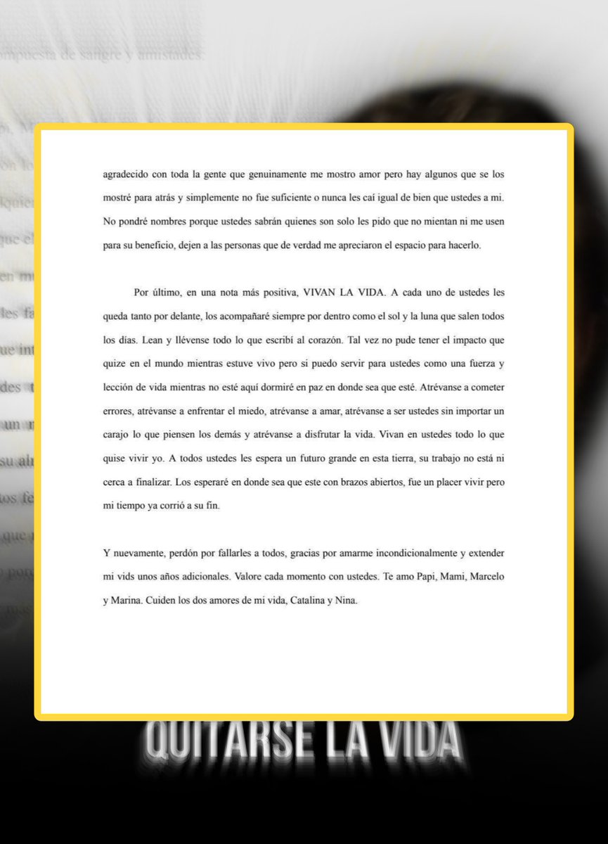 Moluskein's tweet photo. Anoche se registró un suicidio ocurrido en la carretera 901 de Maunabo y la víctima fue identificada como Alejandro Grillasca Berio de 24 años.

Este dejó una carta a sus padres y amigos en su cuenta de Instagram donde habla de sus problemas de ansiedad, sus pensamientos suicidas desde los 14 años y describe los últimos 5 días de vida antes de tomar la decisión de quitarse la vida.
 
Algunas partes leen:

-"Las cosas no parecían que iban a mejorar, mi ansiedad estaba igual de mala, mi vida social no-existente, osea que solo miedo explicaba porque
no hice lo que no hice".

-"La ansiedad que tengo me domina,toma el 99% de las decisiones que hago con mi vida, hasta las más insignificantes".

-"tenía todos los factores a mi lado para ser feliz, una familia especial que me ama, amistades verdaderas y los recursos financieros para haber vivido como yo quisiera. Esto no fue culpa de ninguno de ellos, más agradecido de tener a mis papá, mamá, hermano, hermana,amigos, no puedo estar, Pueden sentirse que me fallaron leyendo esto y enterándose de lo que me pasó pero el que les fallé fui yo. Me pongo a llorar pensando en como los haré sufrir y en como los haré sentir culpable pero si de hay algo que les aseguro es que me alargaron la vida, sin ustedes sabe dios cuando hubiera tomado esta decisión. Ignoré sus consejos y apoyo por miedo y ansiedad. Si solo los hubiera escuchado tal vez mi vida hubiera sido completamente diferente. No merecen nada de esto y espero que en su corazón encuentren las fuerzas para seguir adelante sin mi y de perdonarme por todo el daño que esto les causará. Estoy siendo egoísta pero honestamente no tengo las fuerzas de compartir esto en vida...".

"La mayoría matarían por estar en mi posición, fisicamente saludable y económicamente estable para
enfrentar cualquier problema subsiguiente relacionado a la
salud. ¿Pero yo? Francamente
intercambiaría mi enfermedad mental por una fisica cualquier dia de la semana".

[Si usted o alguien que conoce está considerando el suicidio, busque ayuda llamando a la Línea PAS al 1-800-981-0023 (1-888-672-7622 TDD) las 24 horas al día, los 7 días de la semana].