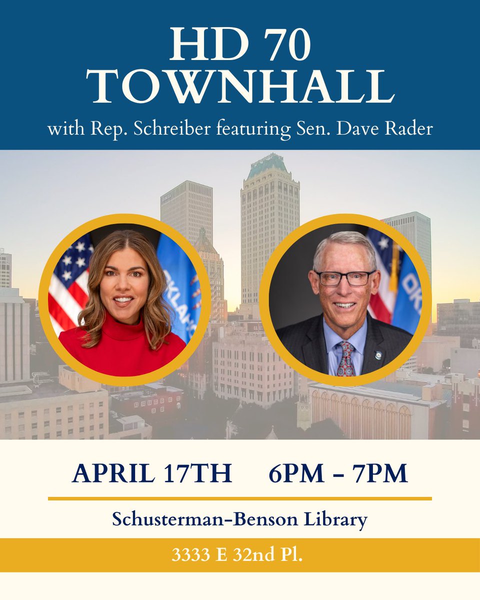 Please join me on April 17th to discuss the current legislative session and all things Tulsa.  Sen. Dave Rader of SD35 will stop in to report from the Oklahoma Senate. RSVP here:
mobilize.us/suzanneforstat…