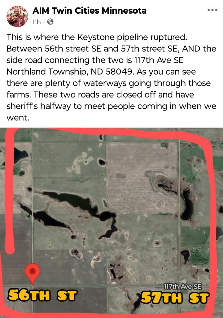 The Keystone Pipeline broke yesterday in North Dakota! Police are now their protecting Big Oil's crime against the Land! 
#LandBack