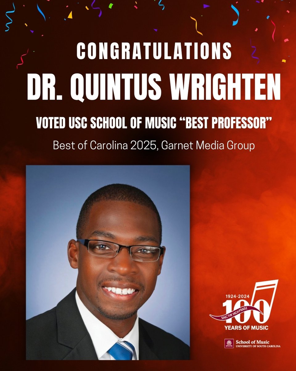 The Carolina Band (@thecarolinaband) on Twitter photo We are pleased to announce Dr. Quintus Wrighten, Assistant Director of Bands and Associate Director of Athletic Bands at the University of South Carolina has been voted “Best Professor” of The University of South Carolina School of Music by Carolina’s <a href="/GarnetMedia/">Garnet Media Group</a>. #GamecockMusic We are pleased to announce Dr. Quintus Wrighten, Assistant Director of Bands and Associate Director of Athletic Bands at the University of South Carolina has been voted “Best Professor” of The University of South Carolina School of Music by Carolina’s <a href="/GarnetMedia/">Garnet Media Group</a>. #GamecockMusic