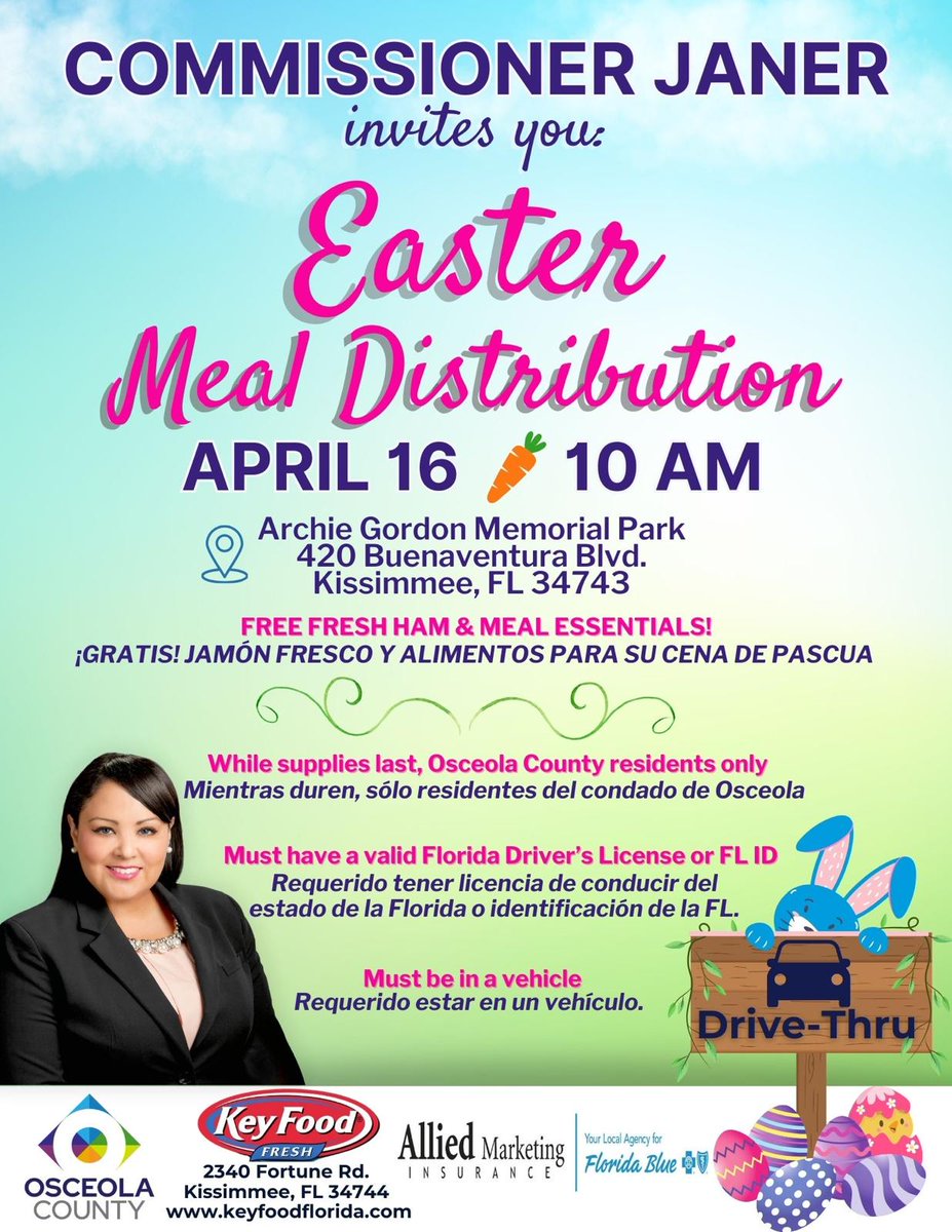 Food pantry light? Join us for this FREE Drive-Thru Easter food distribution with ham and other essentials to complete your Meal! Wed 4/16 at 10 am 420 Buenaventura Blvd. Osceola County residents only, while supplies last.