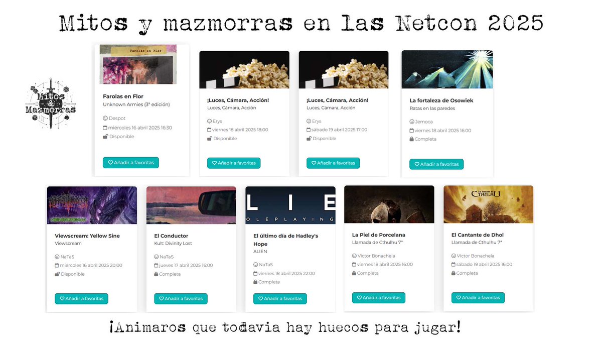 MitosyMazmorras's tweet photo. Estaremos en las #netcon2025,
¡animaros a participar que todavía hay sitio para jugar! https://t.co/iHv0CjGsH7