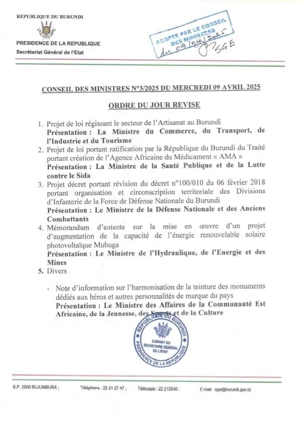 ShikirizaB's tweet photo. #Burundi: Un conseil des ministres s'est tenu ce 08.04.2025 sous les auspices du Chef de l'Etat, @GeneralNeva.

Cinq points étaient à l'ordre du jour dont le projet de loi régissant le secteur de l'artisanat au #Burundi.
#Shikiriza
#TestifyToInspire
#Burundi https://t.co/MIWBkKt8pw