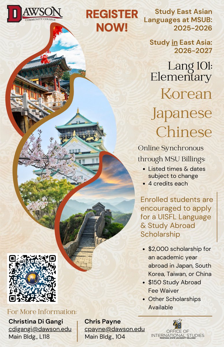 🌏✈️ Study East Asian Languages &amp; Study Abroad!

🎓 Apply now for the UISFL Language &amp; Study Abroad Scholarship!
📍 Destinations: Japan, South Korea, Taiwan, or China
💸 Scholarship: $2,000 toward an academic year abroad!

👉 Register now!
📧 Chris Payne at cpayne@dawson.edu
