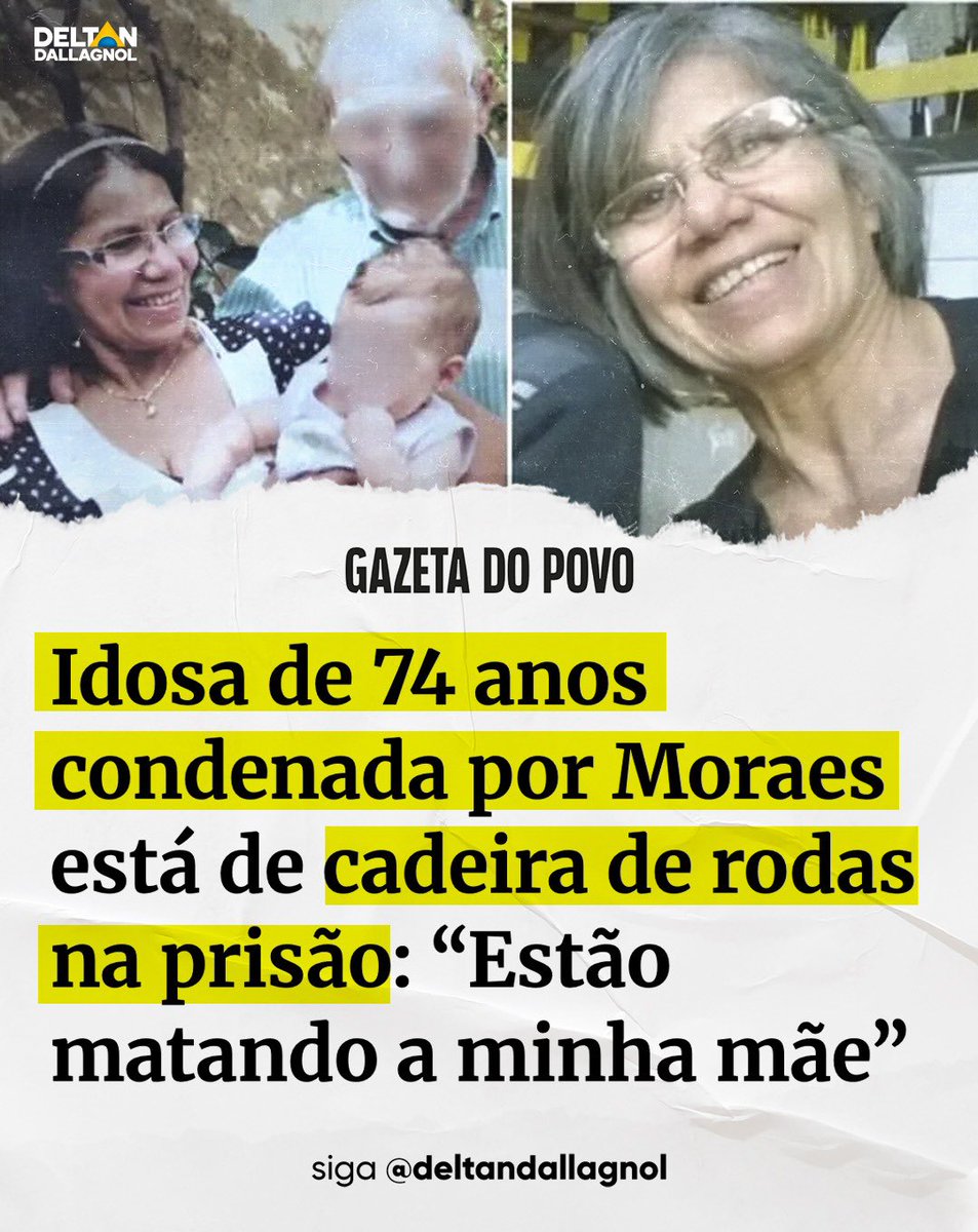 deltanmd's tweet photo. 🚨 Mais uma prisão desumana! Vildete Guardia é uma idosa de 74 anos, foi condenada por Moraes e está presa desde junho de 2024, mesmo sofrendo com sérios problemas de saúde. Ela tem osteoporose, está em cadeira de rodas e não recebe o tratamento adequado.

🩺 A defesa já apresentou três pedidos de prisão domiciliar, todos com laudos médicos detalhados, mas Moraes negou todos eles. Segundo a Lei de Execução Penal, idosos acima de 70 anos como Vildete podem cumprir pena em prisão domiciliar.

Parece que, no Brasil de hoje, a lei vale para uns, e a vingança vale para outros. Onde está a humanidade? Onde está a OAB? Onde estão os defensores dos direitos humanos?

💬 Você acha que temos uma justiça seletiva?

📲 Comente, compartilhe e siga — não podemos silenciar diante dessa injustiça absurda.