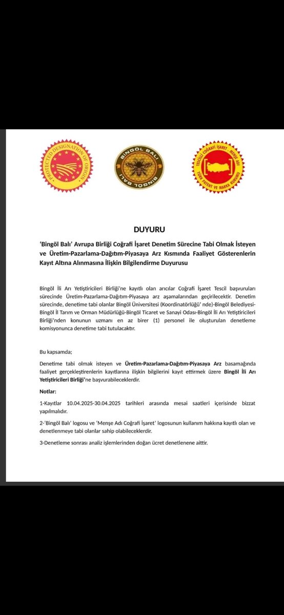 bingol_c's tweet photo. Denetime tabi olmak isteyenler Üretim-Pazarlama-Dağıtım-Piyasaya Arz basamağında faaliyet gerçekleştirenlerin kayıtlarına ilişkin bilgilerini kayıt ettirmek üzere Bingöl İli Arı Yetiştiricileri Birliği’ne başvurabileceklerdir.Kayıtlar10.04.2025-30.04.2025 yapılmalıdır. https://t.co/rfSAmMK7Qm