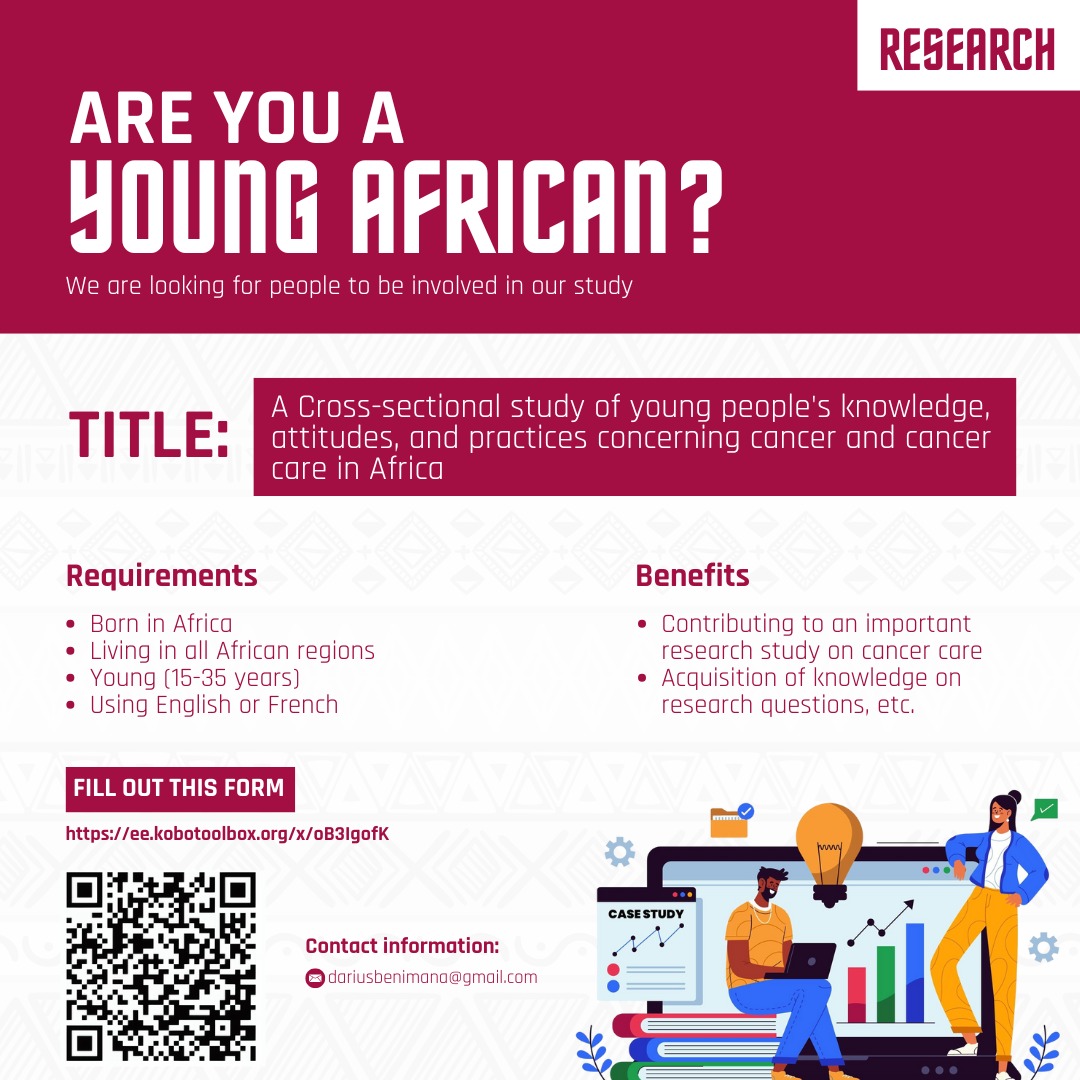 Calling all #youngAfricans 📢
We are delighted to extend our request for you to fill out this  #researchquestionnaire titled: Across sectional study of young people's knowledge, attitudes and practices concerning cancer and cancer care in Africa
🔗 Link: ee.kobotoolbox.org/x/oB3IgofK