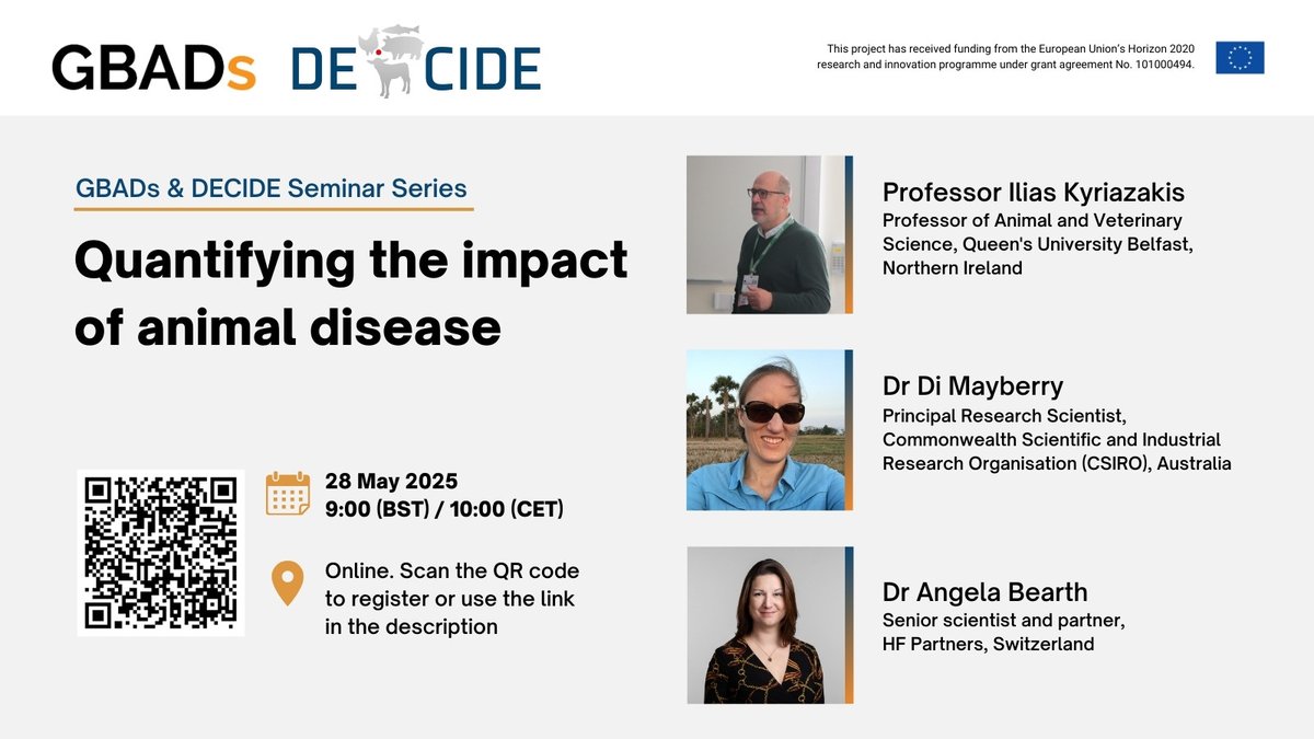 The next <a href="/GBADsGlobal/">Global Burden of Animal Diseases</a> &amp; DECIDE seminar has been announced 📢
"Quantifying the impact of animal disease" by Ilias Kyriazakis, Di Mayberry, and our partner Angela Bearth.

📅 May 28th, 2025, at 10:00 CET / 09:00 BST
🔗 Register here: liverpool-ac-uk.zoom.us/meeting/regist…

#webinar #animalhealth