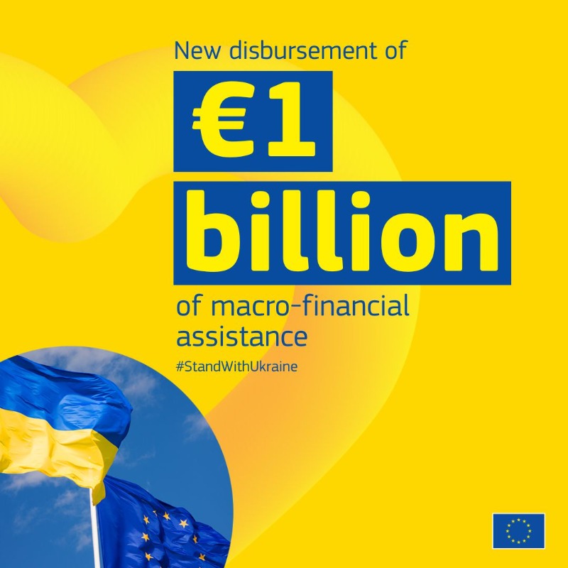 EU_Commission's tweet photo. Today we paid €1 billion in macro-financial assistance to Ukraine.  
 
We are working across the board to strengthen the country and support a just and lasting peace on Ukraine's terms.
 
Ми з вами. We are with you.
 
#StandWithUkraine