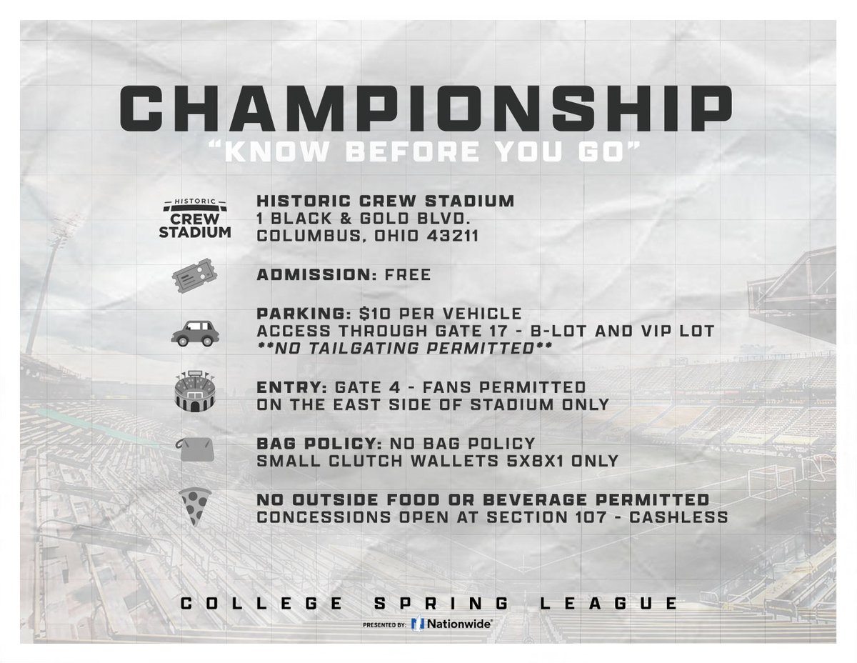 College Spring League (@collegespleague) on Twitter photo ππππ πππ
πππ πππ ππ
All of the information needed for this weekend! We are excited to see everyone at <a href="/CrewStadium/">Historic Crew Stadium</a> as we crown a champions!
#CollegeSpringLeague ππππ πππ
πππ πππ ππ
All of the information needed for this weekend! We are excited to see everyone at <a href="/CrewStadium/">Historic Crew Stadium</a> as we crown a champions!
#CollegeSpringLeague