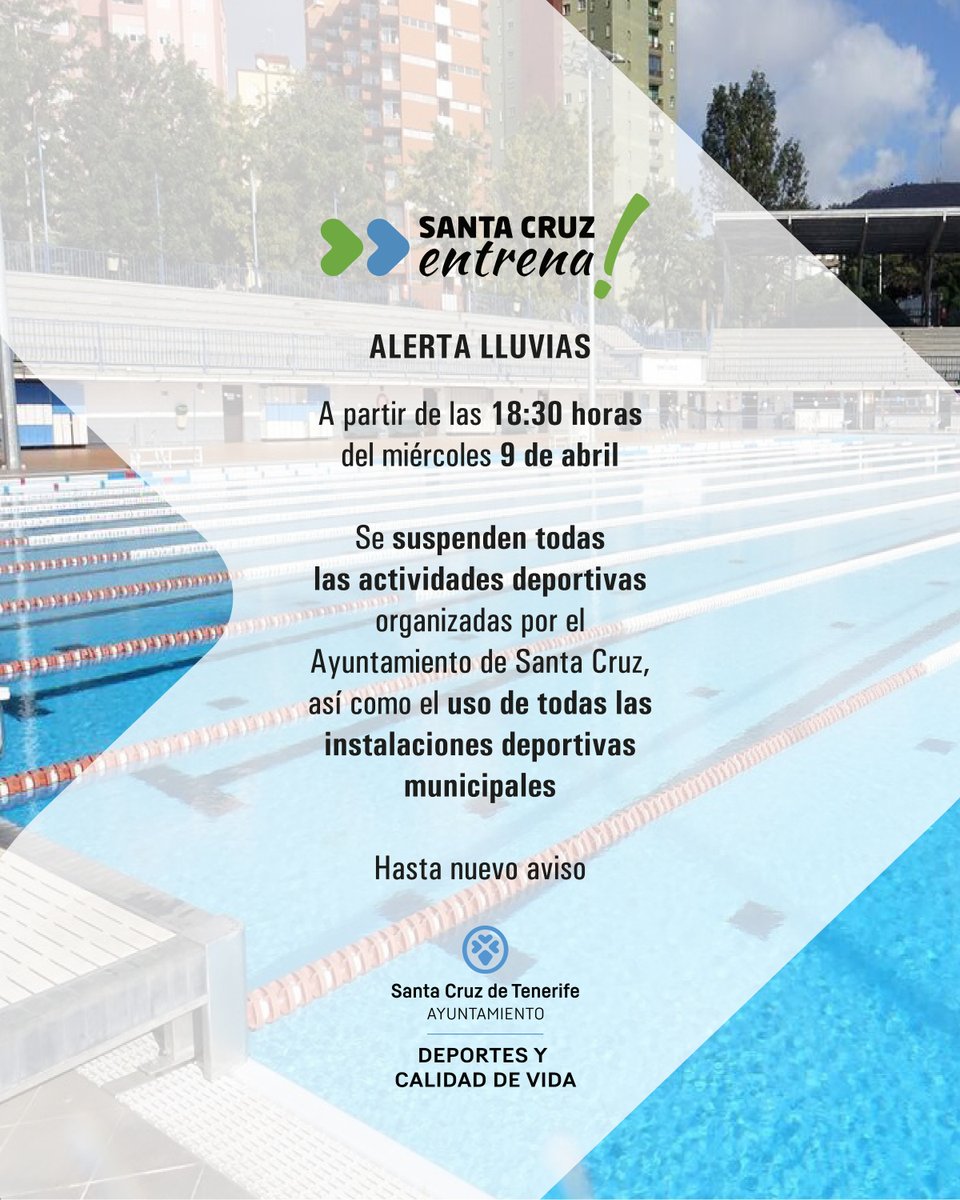 Santa Cruz Deportes (@deportesctfe) on Twitter photo ⚠️ Ante la actualización del #PEMU en situación de #AlertaLluvias
📣 Desde las 18:30 horas de hoy miércoles 9 de abril se suspenden todas las actividades deportivas organizadas por <a href="/santacruz_ayto/">Ayuntamiento de Santa Cruz de Tenerife</a> y el uso de las instalaciones deportivas municipales
📆 Hasta nuevo aviso ⚠️ Ante la actualización del #PEMU en situación de #AlertaLluvias
📣 Desde las 18:30 horas de hoy miércoles 9 de abril se suspenden todas las actividades deportivas organizadas por <a href="/santacruz_ayto/">Ayuntamiento de Santa Cruz de Tenerife</a> y el uso de las instalaciones deportivas municipales
📆 Hasta nuevo aviso
