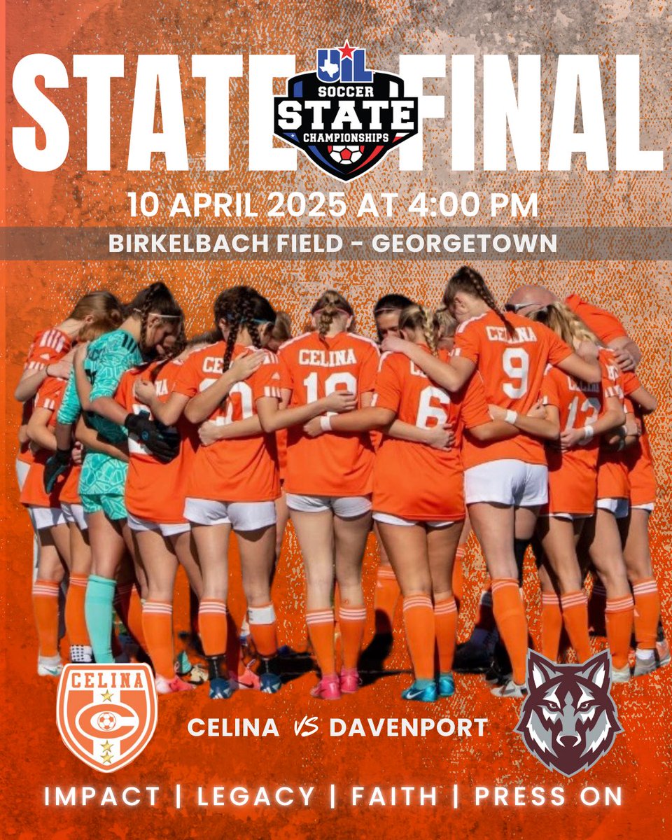 Bobcat Nation! Let’s do this! 

Bus sendoff today at 11am on visitor side of Indoor Facility!  

Be loud and proud tomorrow!

4A STATE FINALS
CELINA vs DAVENPORT 
📆 THUR APRIL 10th
⏰ 4:00PM
📍Birkelbach Field - Georgetown 
#MakeHistory #NotDoneYet #PressOn