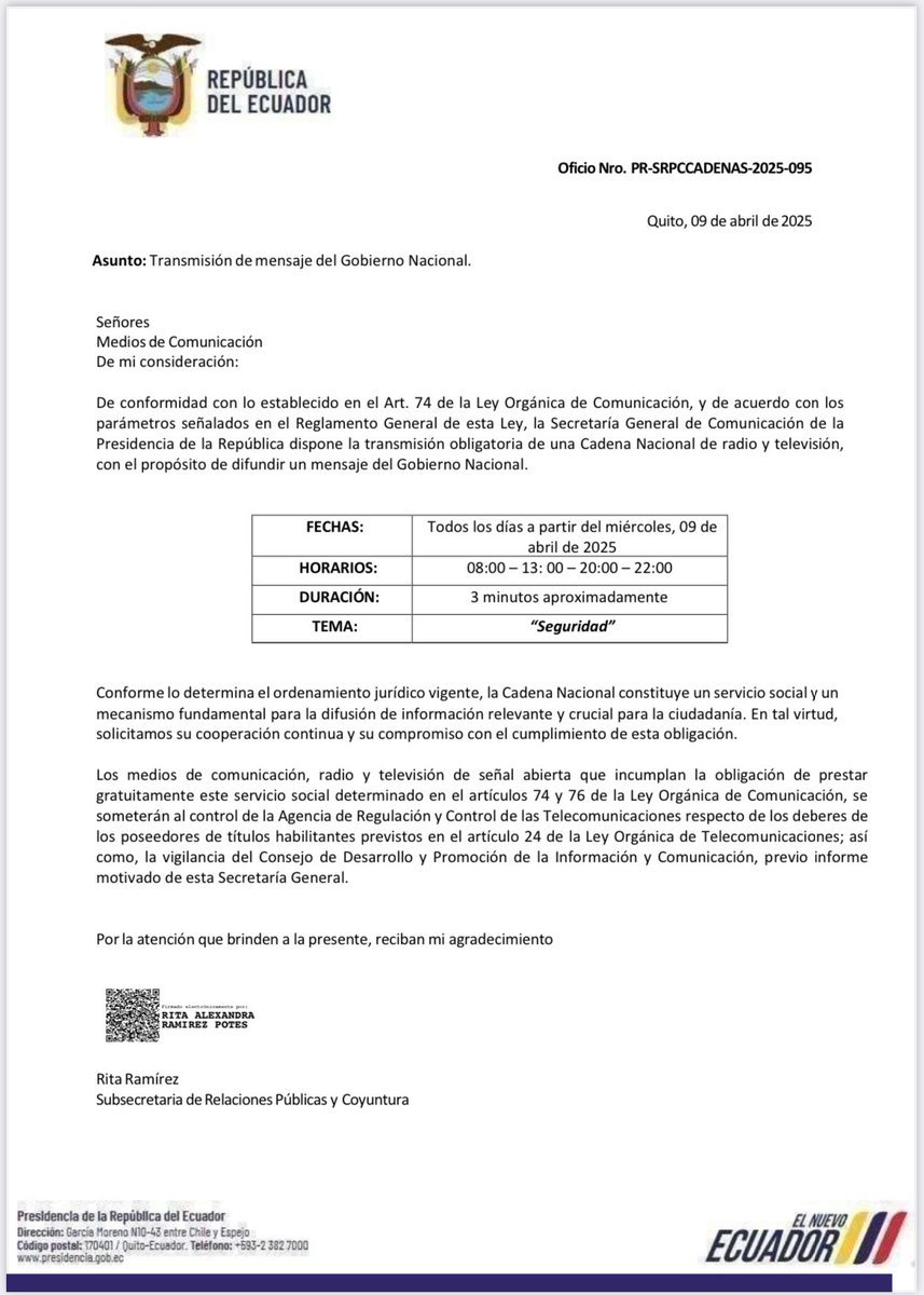 Kelme_boy's tweet photo. El Gobierno dispone CUATRO CADENAS diarias de radio y televisión desde este 9 de abril. Tema: "Seguridad". 

Con la tuya y en tu cara, @DianaAtamaint. https://t.co/3EPiKgh4T4