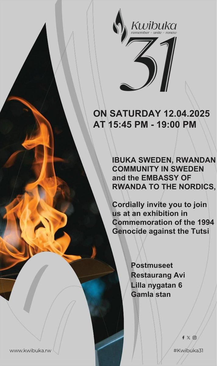 Ibuka Sweden would like to invite you to our #Kwibuka31 commemorative exhibition this Saturday, April 12th from 15:45 in Stockholm, Sweden.