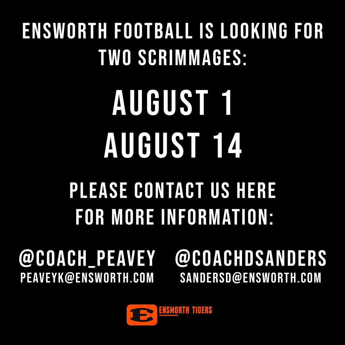 Ensworth Football (@ensworthfb) on Twitter photo Ensworth High School Football is looking for two scrimmages ๐
๐๏ธ 8/1
๐๏ธ 8/14
Please contact us here for more information:
<a href="/Coach_Peavey/">Kolt Peavey</a> / Peaveyk@ensworth.com
<a href="/CoachDSanders/">Dillon Sanders</a> / sandersd@ensworth.com Ensworth High School Football is looking for two scrimmages ๐
๐๏ธ 8/1
๐๏ธ 8/14
Please contact us here for more information:
<a href="/Coach_Peavey/">Kolt Peavey</a> / Peaveyk@ensworth.com
<a href="/CoachDSanders/">Dillon Sanders</a> / sandersd@ensworth.com