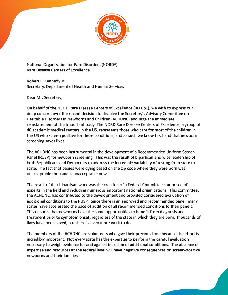 RareDiseases's tweet photo. The 40 NORD® #RareDisease Centers of Excellence have united in calling for the reinstatement of the Advisory Committee on Heritable Disorders in Newborns and Children. #NORD and our network are committed to working with leaders to protect newborns from preventable death and suffering through life-saving #NewbornScreening. This work must continue.