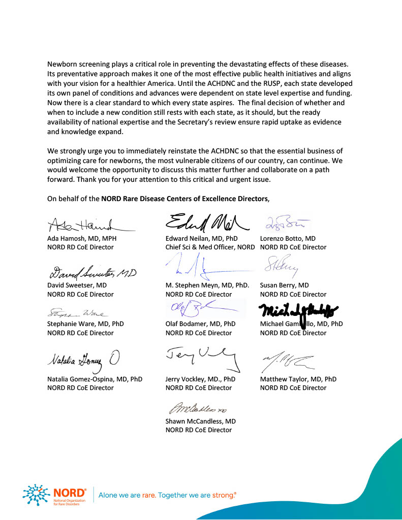 The 40 NORD® #RareDisease Centers of Excellence have united in calling for the reinstatement of the Advisory Committee on Heritable Disorders in Newborns and Children. #NORD and our network are committed to working with leaders to protect newborns from preventable death and