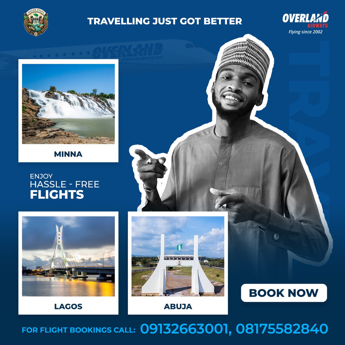 nigeraviation's tweet photo. โ๏ธ Travelling Just Got Better!
Say goodbye to long road trips โ fly hassle-free between Minna, Abuja, and Lagos with Overland Airways!
Call 09132663001 or 08175582840 to book your seat today!
#FlyOverland #BATInternationalAirport #NigerStateTravels #SeamlessTravel #FlySmart https://t.co/ael6GdRJtZ